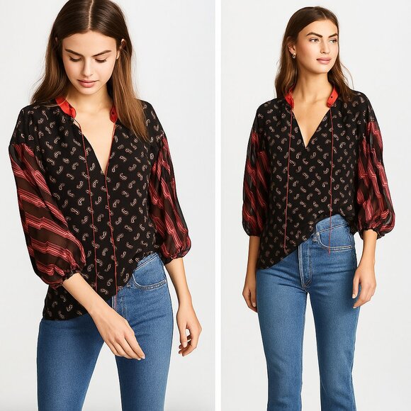 NW Alice + Olivia Asha Silk Blouse Black Ditsy Paisley Boho Chic Size Medium